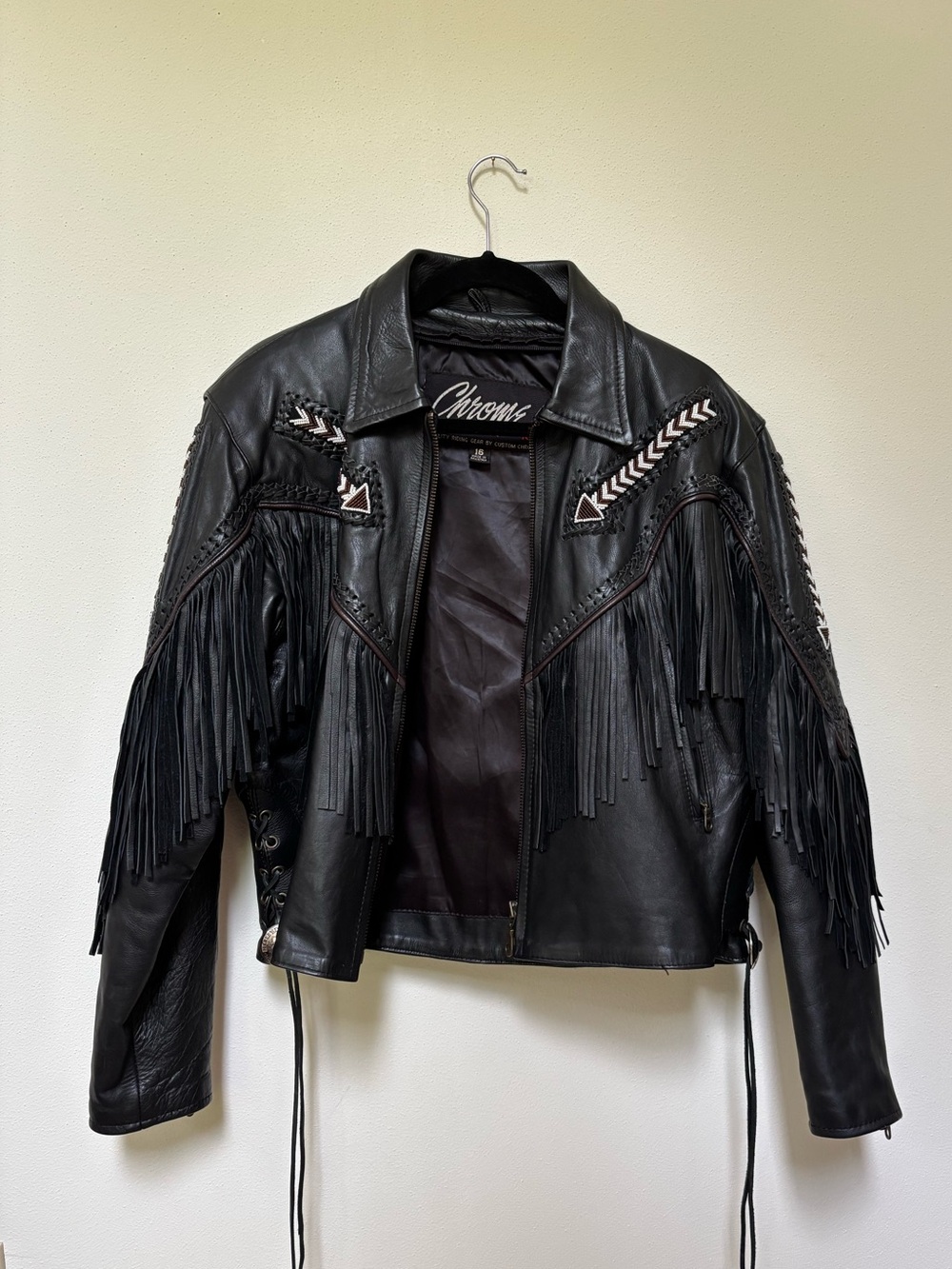 Vintage Black Fringed Leather Jacket with Beaded Accent || Chrome Gear